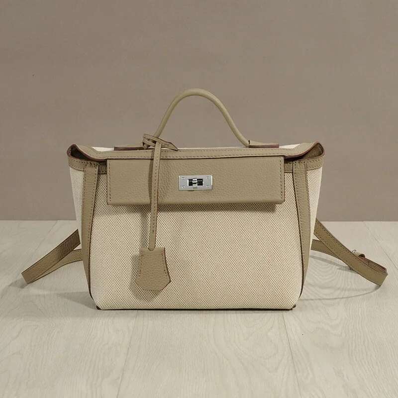 Vintage Classic High-End Feel Canva Cow Leather Flip-Open Molded Lock Buckle Color Blocking Small Square Crossbody Bag