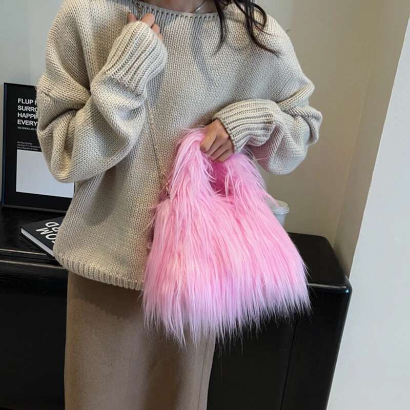 Winter Faux Fur Shoulder For Women Trendy Fuzzy Handbags Plush Crossbody Fluffy Tote Furry Handle Mobile Phone Bag