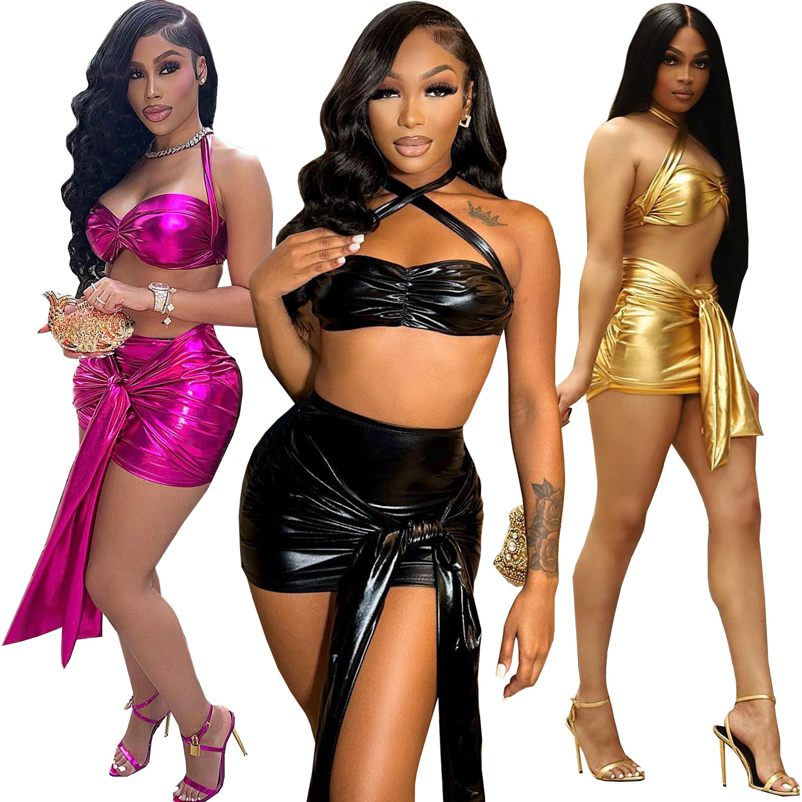 Hr8226 fashion womens lace up sexy night club style bronzing Elastic Leather Two Piece Set