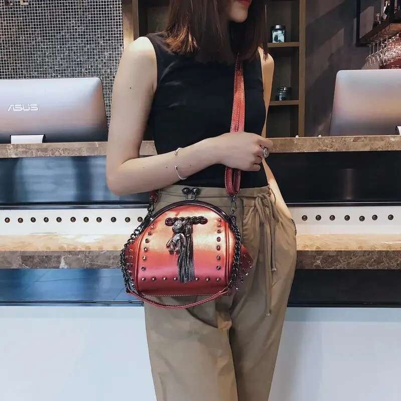 Rivet Metal Fringe Dia Women Shoulder Trend Stylish Chic Cartoon Pendant Crossbody Bag PU Leather Chain Female Handbag
