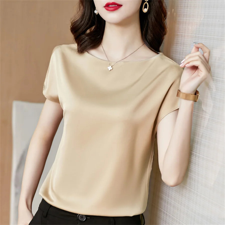 Office Lady Tops Summer Short Sleeve O-Neck Blouses Satin Blouse Women Shirts Simple Solid Casual Loose Shirt Blusas DF4904 250514