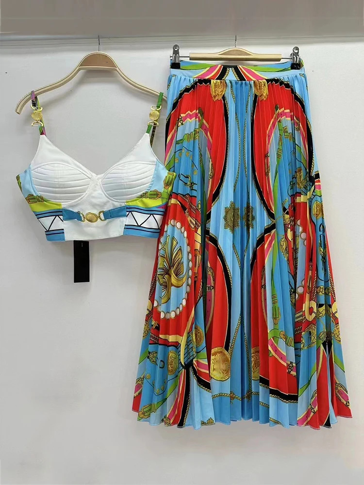 summer womens retro geometric print sexy suspender strapless top twopiece setelastic waist loose skirt fashion set 250515