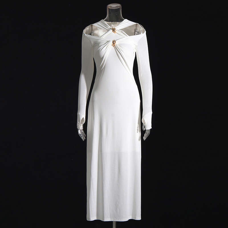 2025 Spring New Fashionable Lady Imperial Sister Style Long Design Sense Contrasting Colors Showing Thinning Knitted Dress for Women's Interior