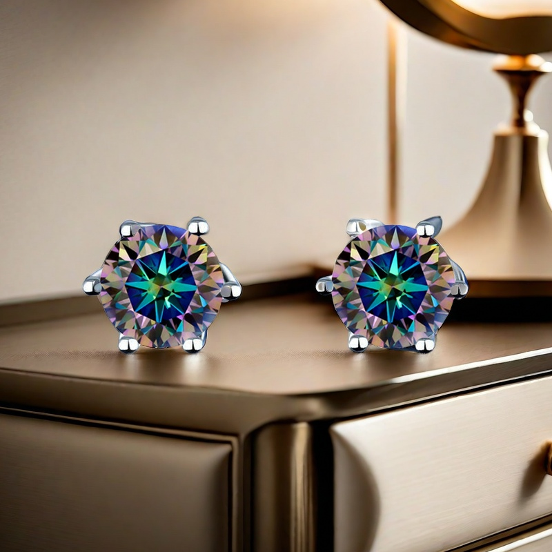 Classic six-prong 925 sterling silver 1/2/4/6CT colorful blue Moissanite stud earrings hot selling High-end style, elegant and fashionable, star style