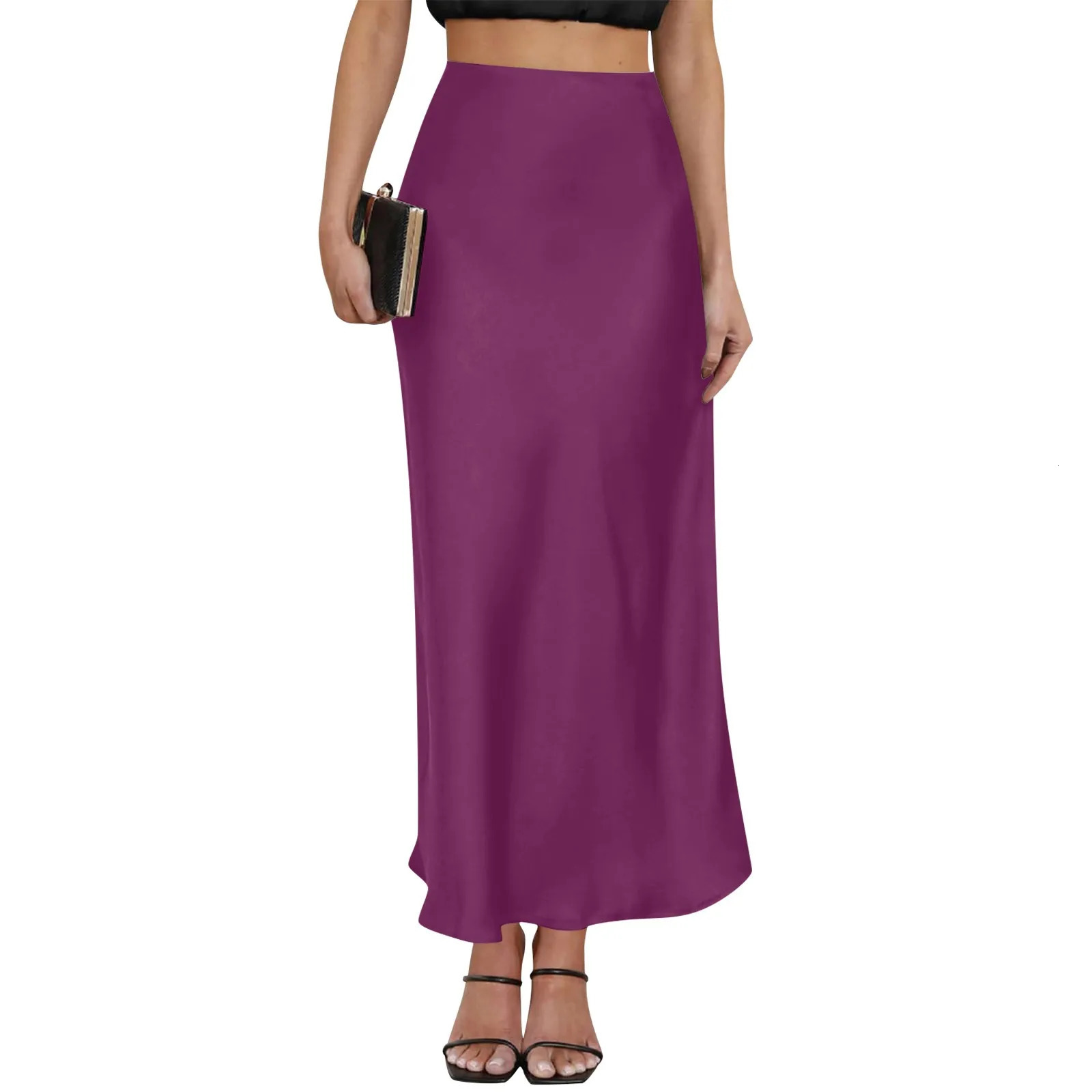 Light Purple Elegant Satin High Waisted Fishtail Skirt Womens Chic Irregular Bag Hip Ruffle Swing Pleated Long 250515