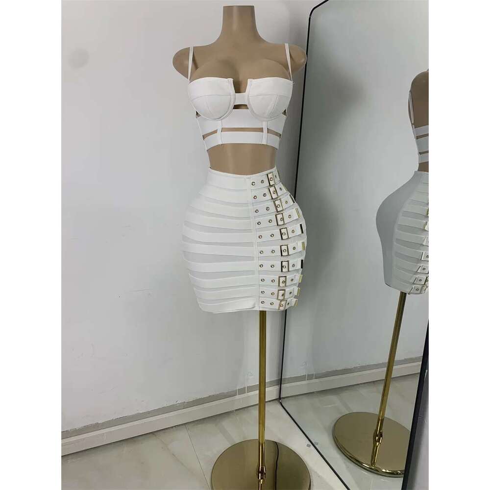 White Two Pieces Dress Set Women Sexy Square Collar Sleeveless Design Crop Top Short Skirt Suit Nightclub Birthday Clothing