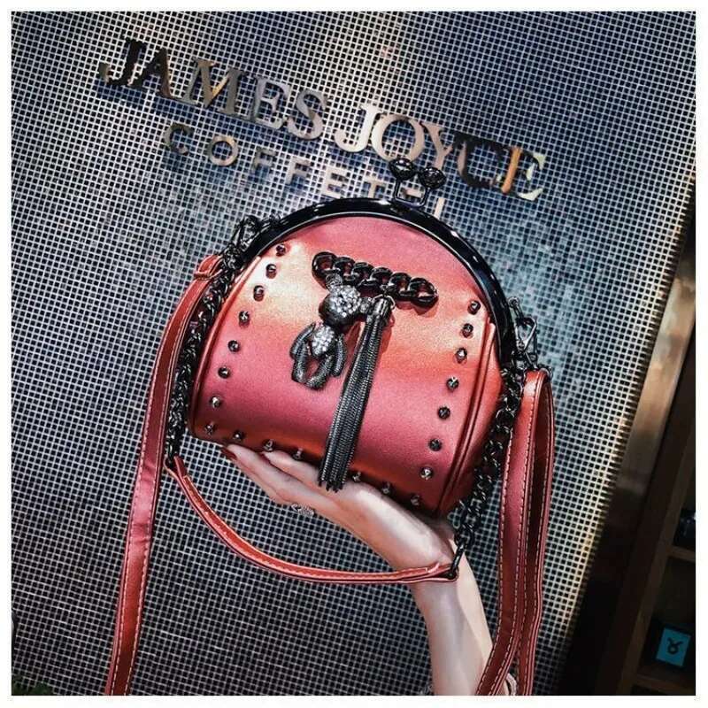 Rivet Metal Fringe Dia Women Shoulder Trend Stylish Chic Cartoon Pendant Crossbody Bag PU Leather Chain Female Handbag