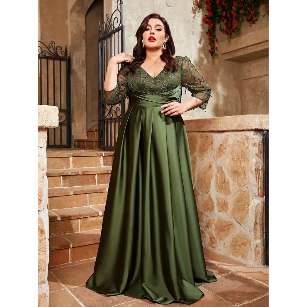 Mgiacy plus size V-neck lace embroidery Mosaic satin cloth hand-folded long skirt Evening gown ball Party dress