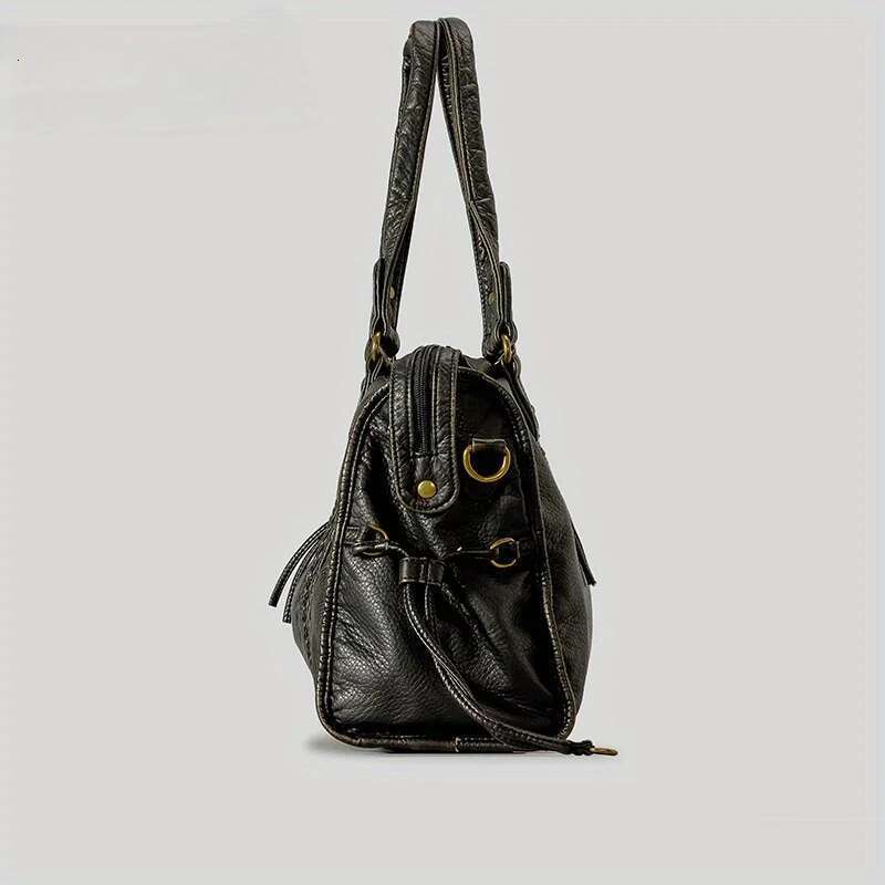 Women's Fashion Vintage Washed Soft Leather Tote Large Capacity Commuter Multi-Pocket Shoulder Messenger Bag