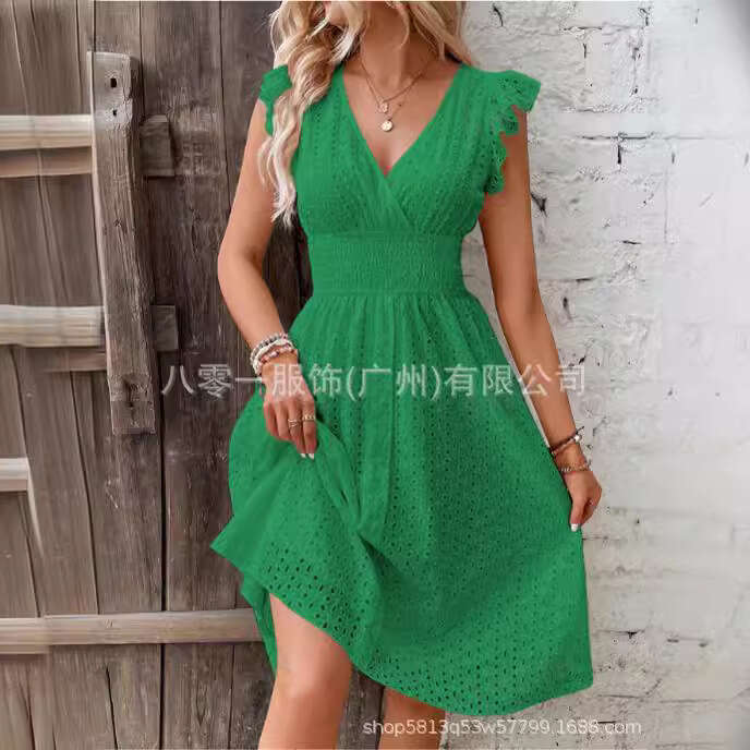 2024 New Mid length Lace Jacquard Hollowed out Slim V-neck Large Women's Dress