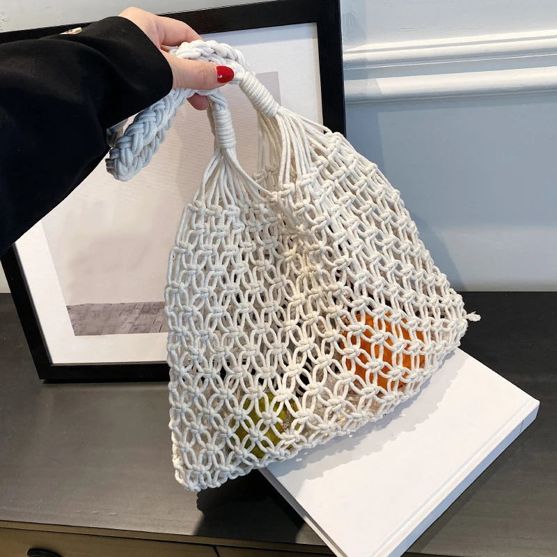 Solid Color Woven Shoulder Bag Summer Womens Hollow Out Versatile Vacation Bag Handmade Mesh Bag 250515