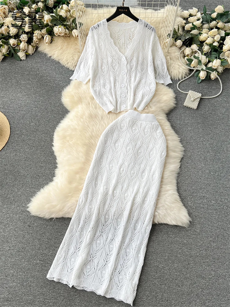SINGREINY Casual Vacation Two Piece Set Women Hook Hollow Out V Neck Top Elastic Waist Long Skirt Ladies Summer Korean Suit 250515