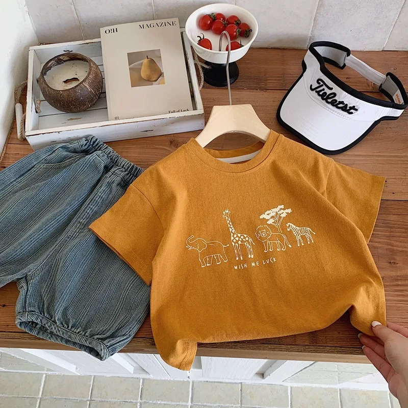 Summer Boys Solid Color Base Shirt Pure Cotton Clothing Thin Round Neck Short Sleeve Tops Child Print T-shirt Outer Wear 250515