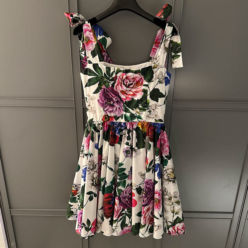Summer Women's Flower Print Cotton Mini Dresses Designer Fashion Square Neckline Adjustable Straps Waist Up Pleated Vestdios Trendy High-Quality 