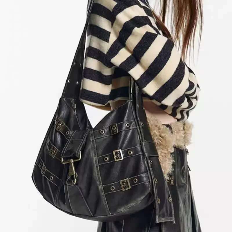 American Retro Punk Pu Leather Handbag Metal Button Shoulder Bags Tote Woman Large Capacity Commuting Storage Bag Purse