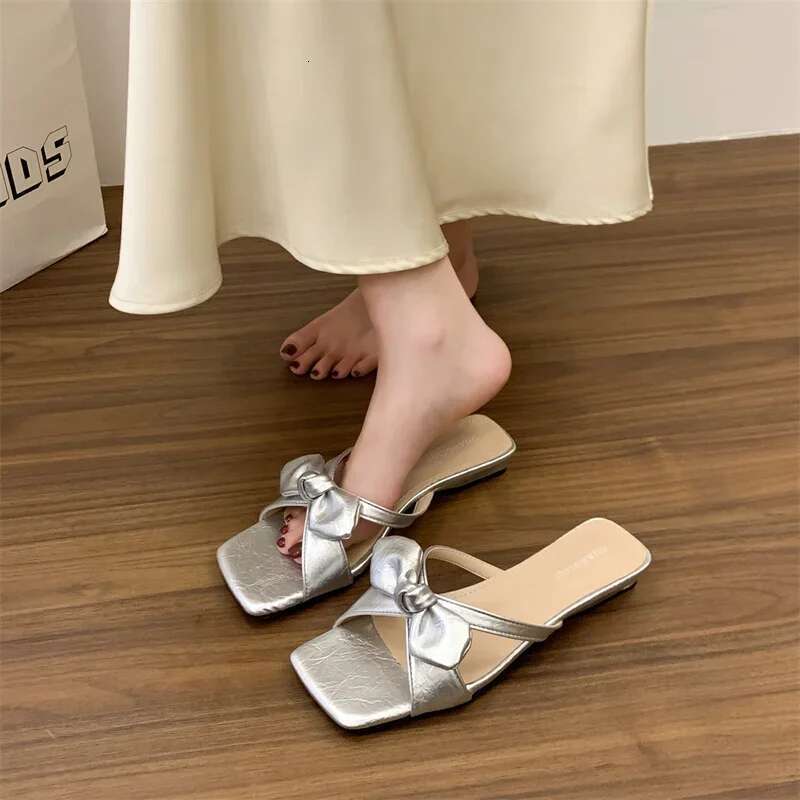 High-Heeled Shoes Lady Womens Slippers Outdoor Slides Pantofle Low Square Heel Fashion Butterfly-Knot Summer 2025 Block