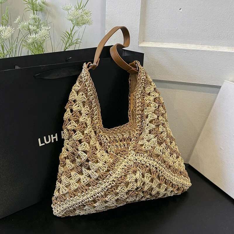 Women Summer Vintage Woven Handbag Jacquard Design Bohemian Seaside Holiday Traveling Straw Bags High-Capacity Shoulder Tote Bag
