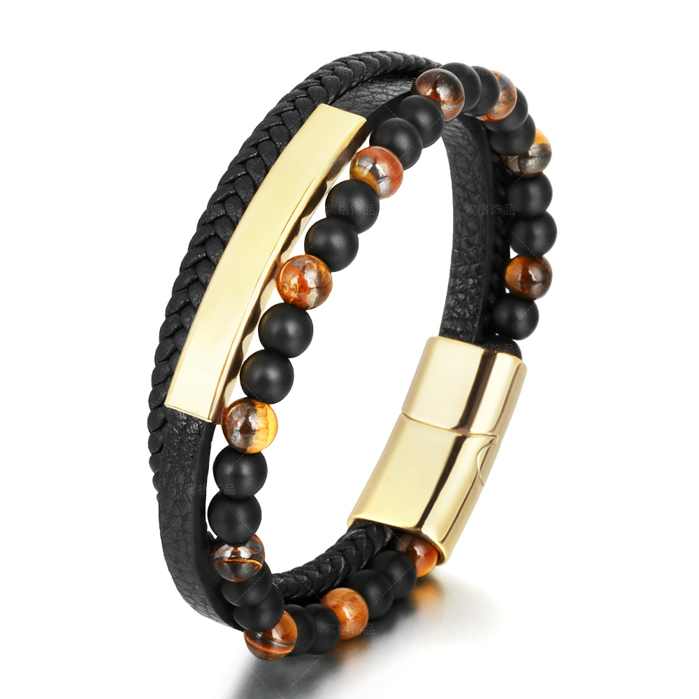 Men's Tiger Eye Stone Beaded Bracelet with Black Braided Leather Band - Stylish and Durable Multi-Layer Bracelet for Men