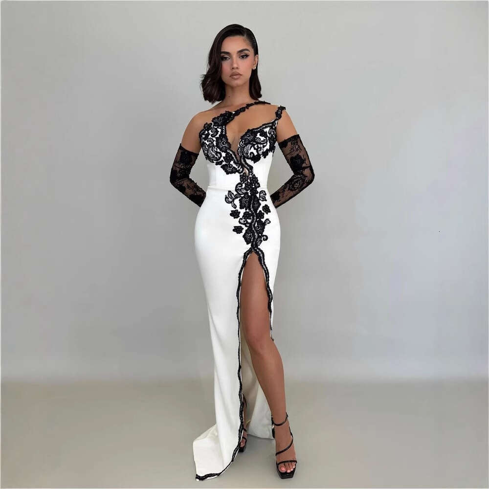 White Dress Maxi Dress Black Lace Gloves Sexy Low Cut Slanted Shoulder White Long Skirt Socialite Party Bandage Dress KQ