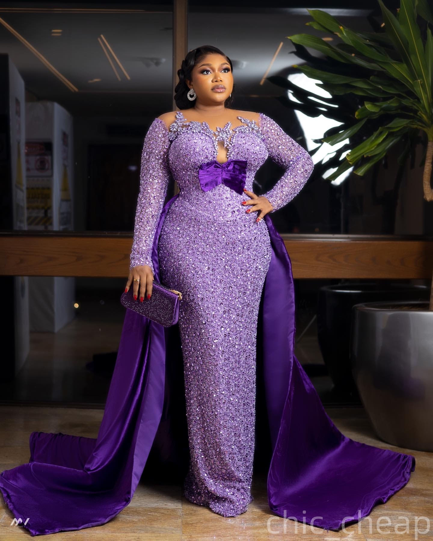 Sheath Lilac Plus Size Prom Dresses 2025 Sequined Crystals Detachable Train Evening Formal Party Second Birthday Engagement Gowns Dress For Special Oc