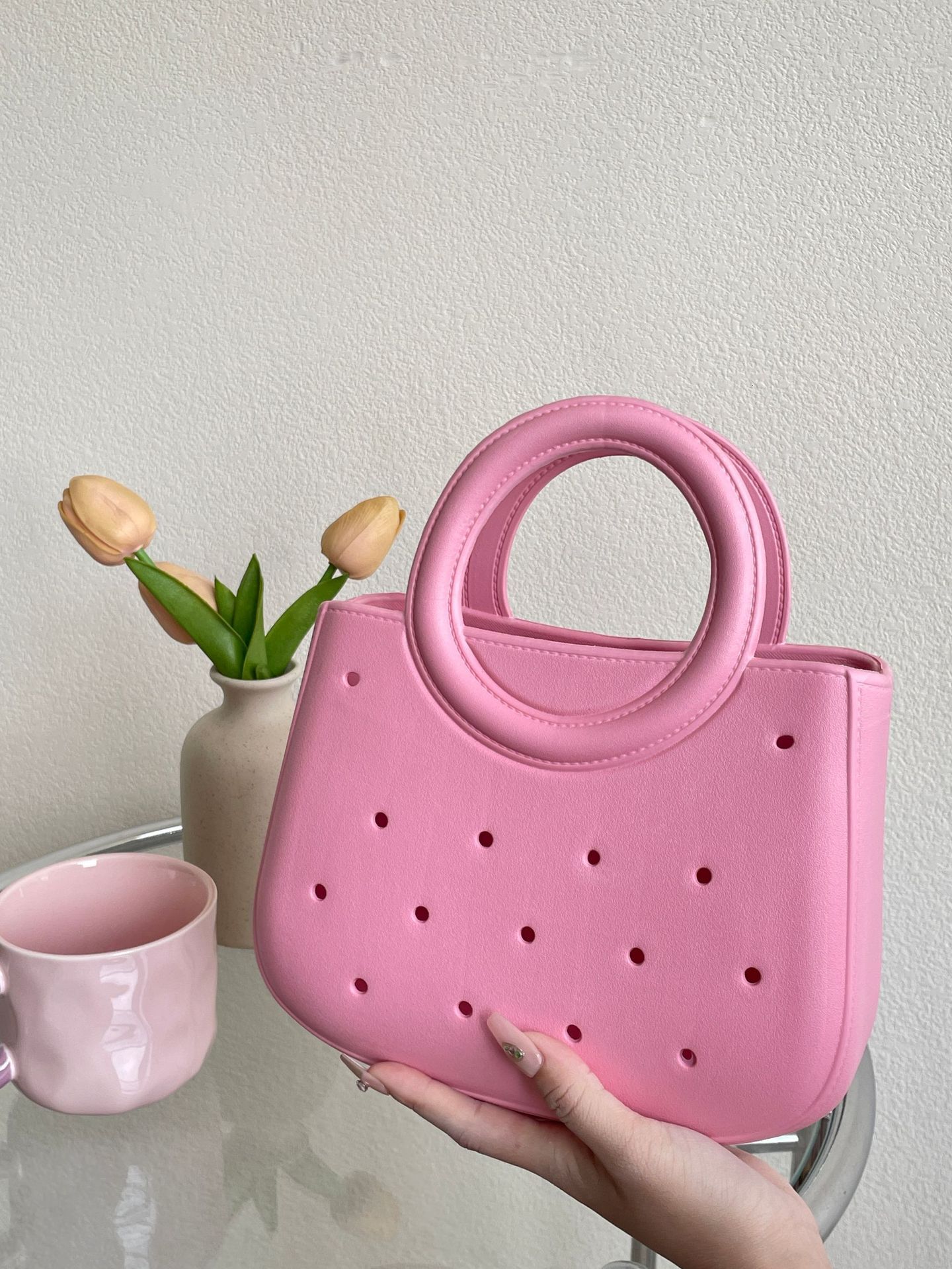EVA Solid Color Hole Waterproof Storage Vegetable Basket Beach Bag Fashionable Hollow Travel Handbag