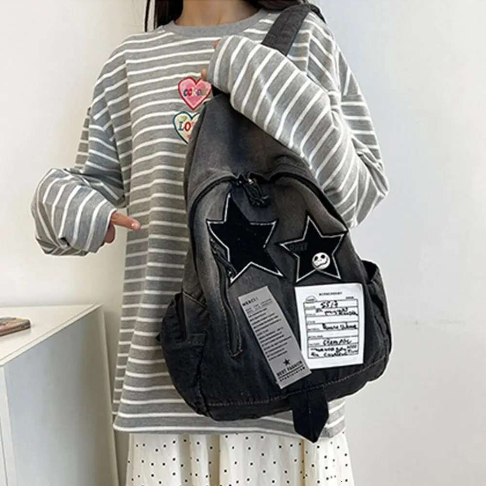 New Original Denim Star Backpack Versatile Travel For High School Students Double Shoulder Bag Vintage Feeling