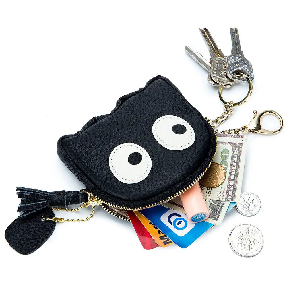 Cute Cartoon Genuine Leather Mini Coin Purse with Keychain Pouch Card Holder Organized Zip-Around Purse for Womens 250514