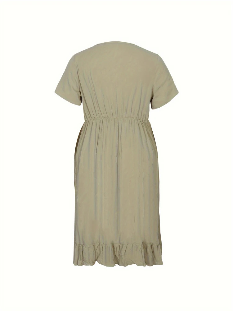 Plus Size Womens Summer Classic Plain Button Casual Dress Elegant knee-length A-line V-neck short-sleeved beach dress 250515