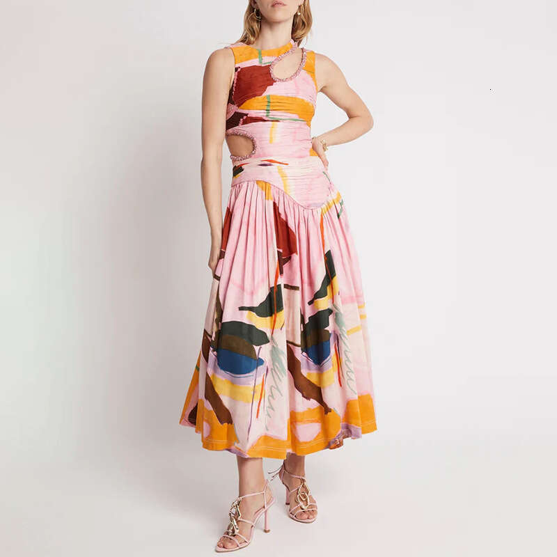 Elegant temperament, waist cinching and slimming long dress, 2025 summer new sleeveless design, hollowed out printed dress for women