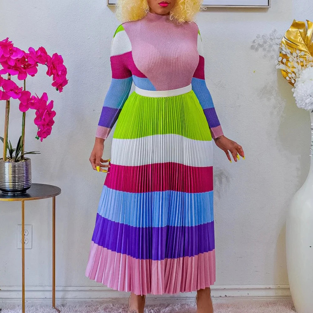 Elegant 2 Pieces Skirts Sets for Woman Striped Printed Full Sleeve Blouse Pleated Fashion Female Birthday 250515