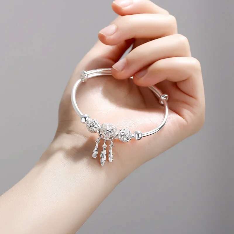 Sterling Sier Bracelets For Women Adjustable Bangle Dreamcatcher Tassel Feather Round Bead Charm Bracelet Wedding Jewelry