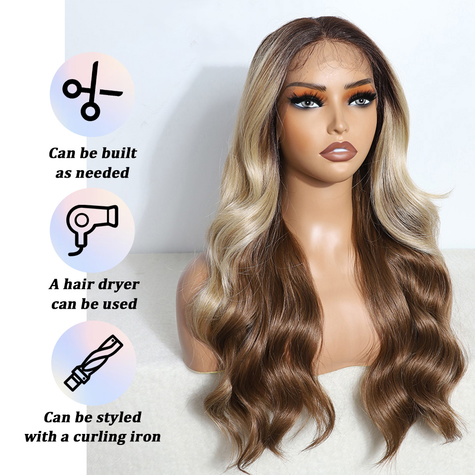 Rebecca Fashion 22 Inch Brown Ombre Blonde Wig for Women Synthetic lace Front Wavy wigs, Easy to Wear, Straight Style for Festival