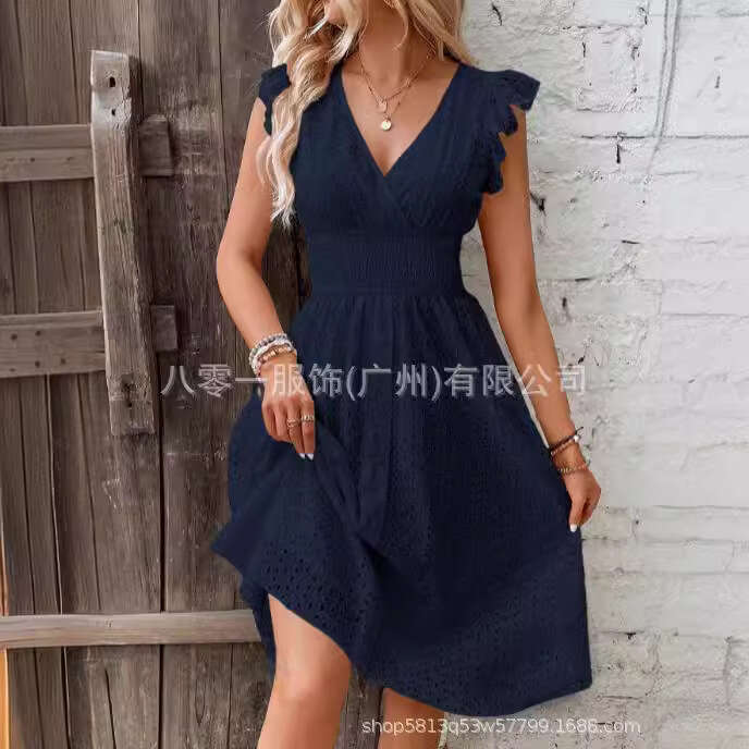 2024 New Mid length Lace Jacquard Hollowed out Slim V-neck Large Women's Dress