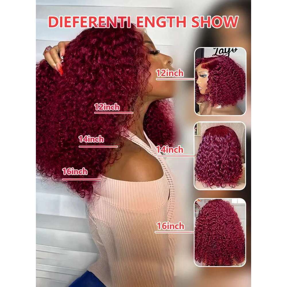 250 Density 99J Bury Lace Front Short Bob Human Hair 13X4 Deep Wave Frontal Wig 13X6 Red Colored Curly Wigs