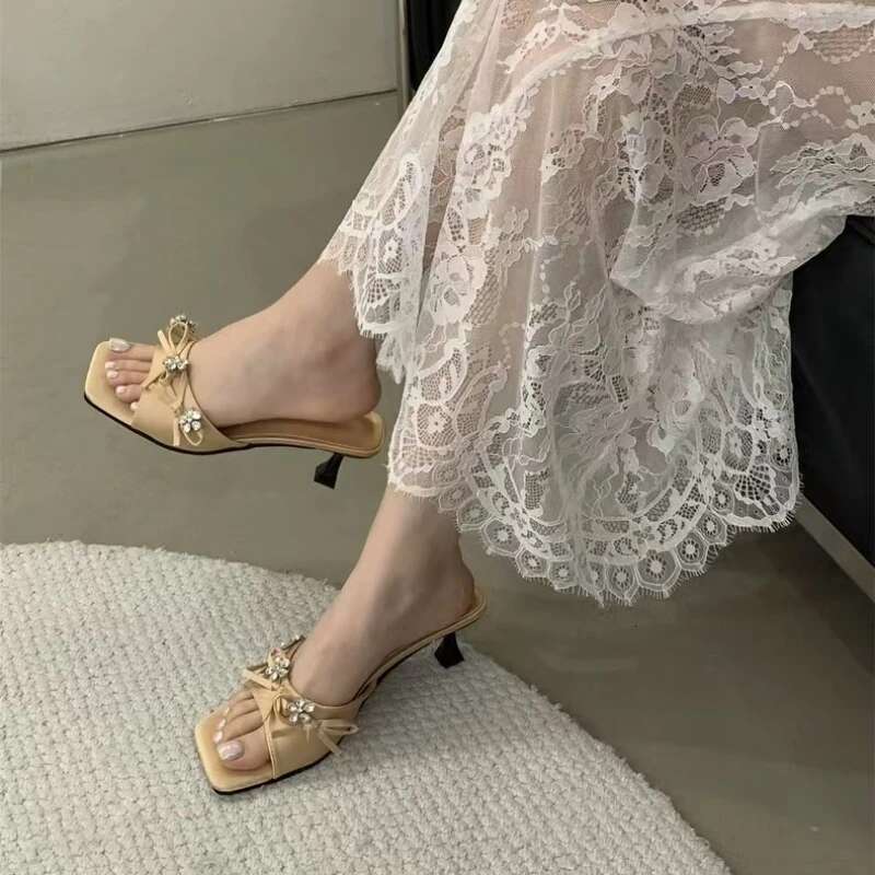 Elegant Mid Heels Women Slippers Designer Heeled Sandals Woman Shoes 2025 Summer Fad Flip Flops Shallow