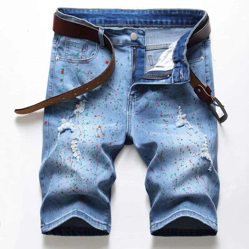 Mens Ripped Straight Denim Shorts Graffiti Jeans Fashion Spray Personalized Holes Short HipHop Streetwear 250515