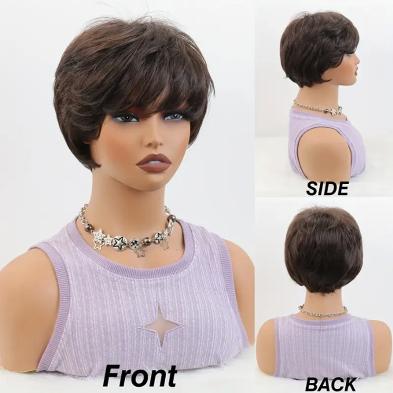Thermal Fibre 4-Inch Stylish Pixie Bob Wig Natural Looking Short Browns with Layers