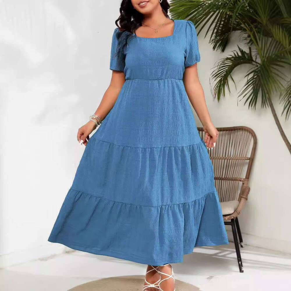 Plus Size Women Dresses Summer Dresses Maxi Dress Robe Vestidos Summer Dresses for Women Womens Bubble Sleeves Square Neck Back Pleated Short Sleeve P