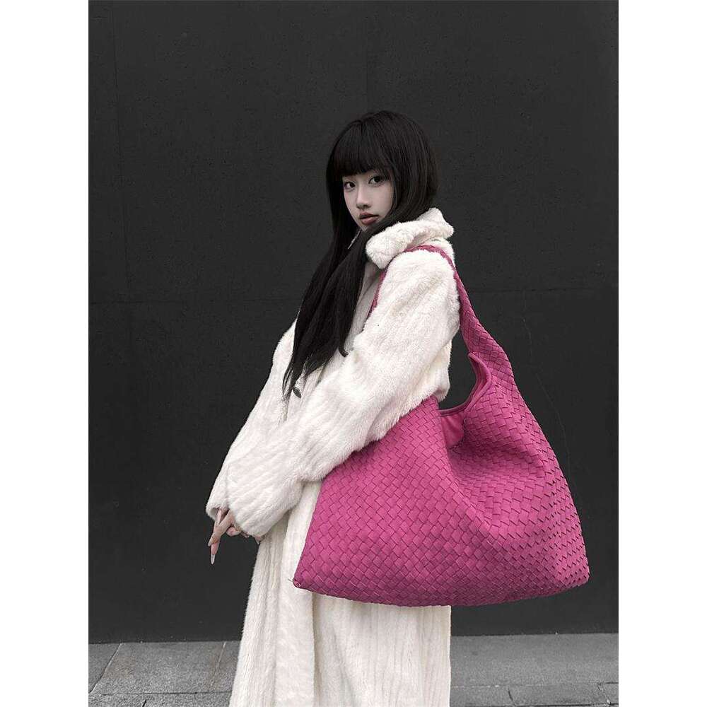 Spicy girl rose pink suede new women s frosted single shoulder tote hand woven armpit bag