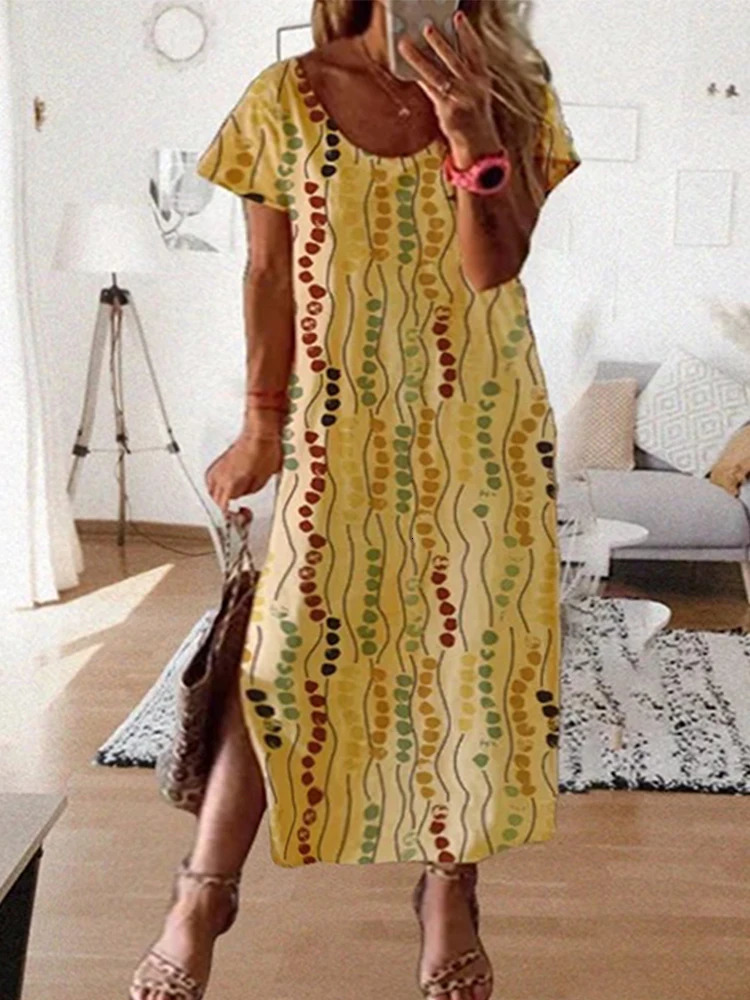 Plus size 5XL yellow long dress for womens summer 2025 polka dot printed short sleeved Aline fashionable casual bohemian 250506