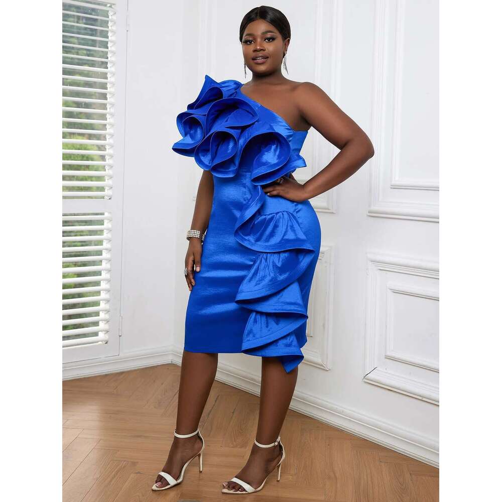 Blue One Shoulder Dresses for Women Plus Size Ruffles Bodycon Pencil Knee Length Celebrate Party Gowns Summer tail Outfits