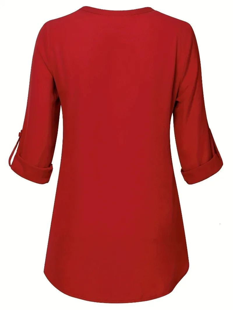 Plus Size 1XL-8XL Casual T-shirt Womens Plus Solid Notched Neck Three Quarter Sleeve With Button Decor Slight Stretch Blouse 250514
