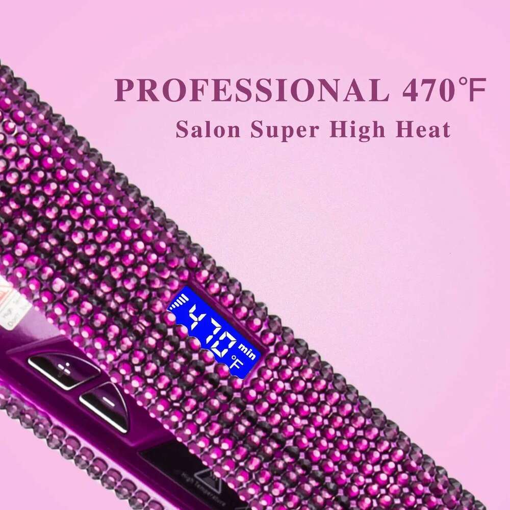 Professional Hair Straightener Titanium Flat Rhinestone Straightening Iron Salon High Heat 470F Dual Voltage LCD Display