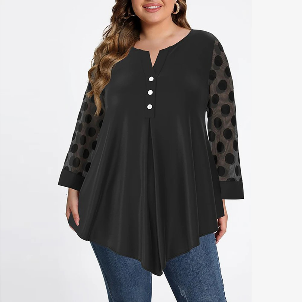 Plus Size Mesh Patchwork Women Blouse Elegant Button Round Neck Loose Female Spring Shirt Tops Dot Long Sleeve Irregular Blouses 250515