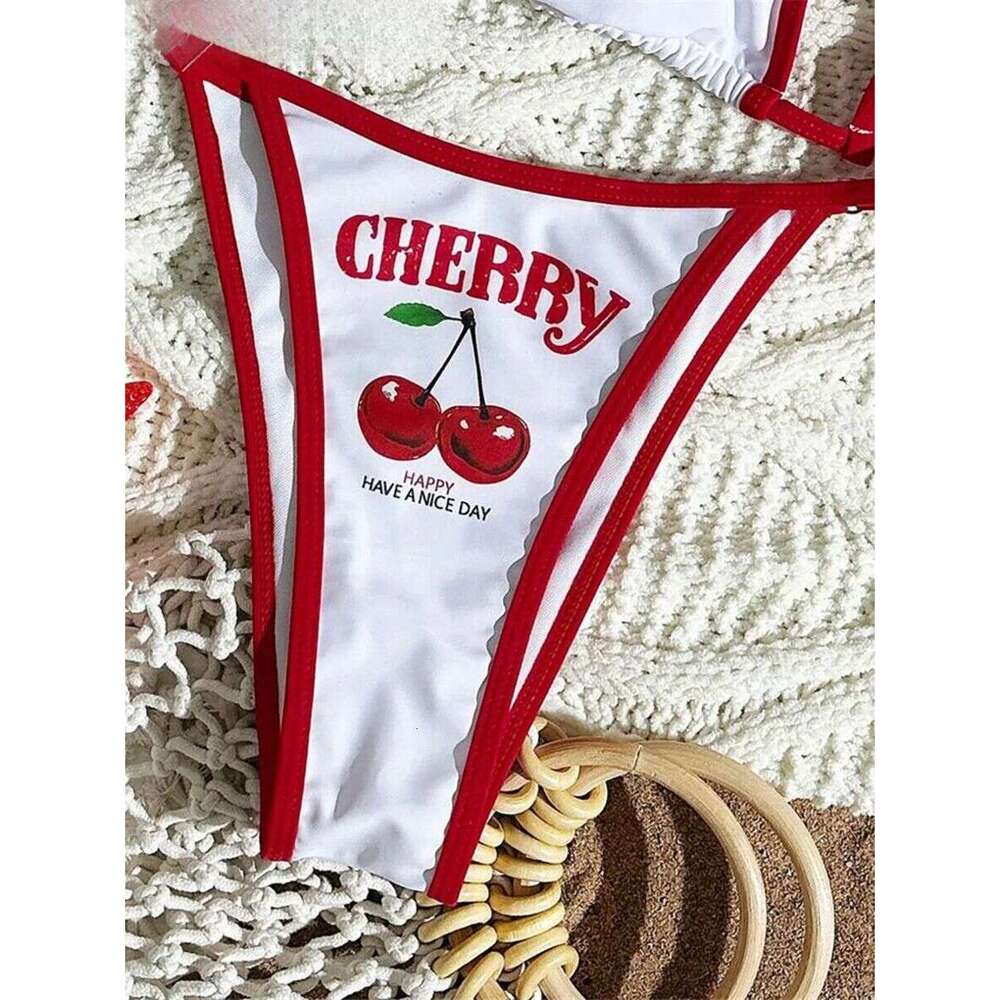 XS - L Cherry Printed Short Sleeve Female Swimsuit Women Swimwear Three-Pieces Bikini Set Bather Bathing Suit Swim V6854