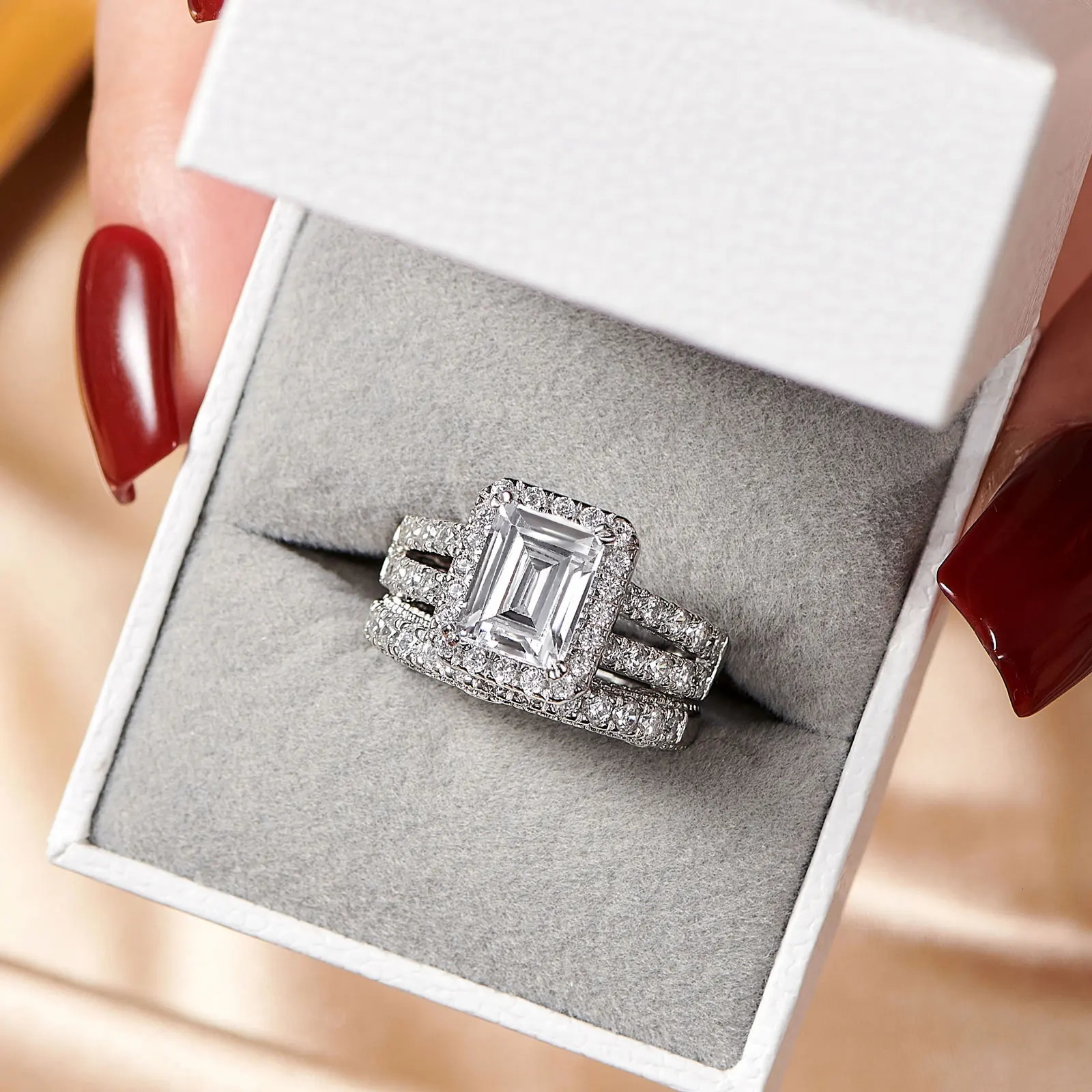 she 925 Sterling Silver Vintage Emerald Cut AA Cubic Zircon Wedding Engagement Rings for Women Bridal Set Fine Jewelry 250515