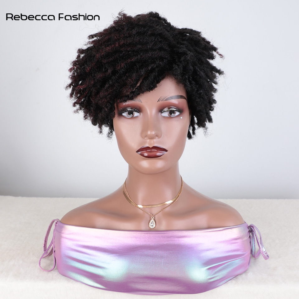 Rebecca Fashion Afro Kinky Curly Synthetic Short Dreadlock With Bangs Black Ombre Red Crochet Wig for Black Women