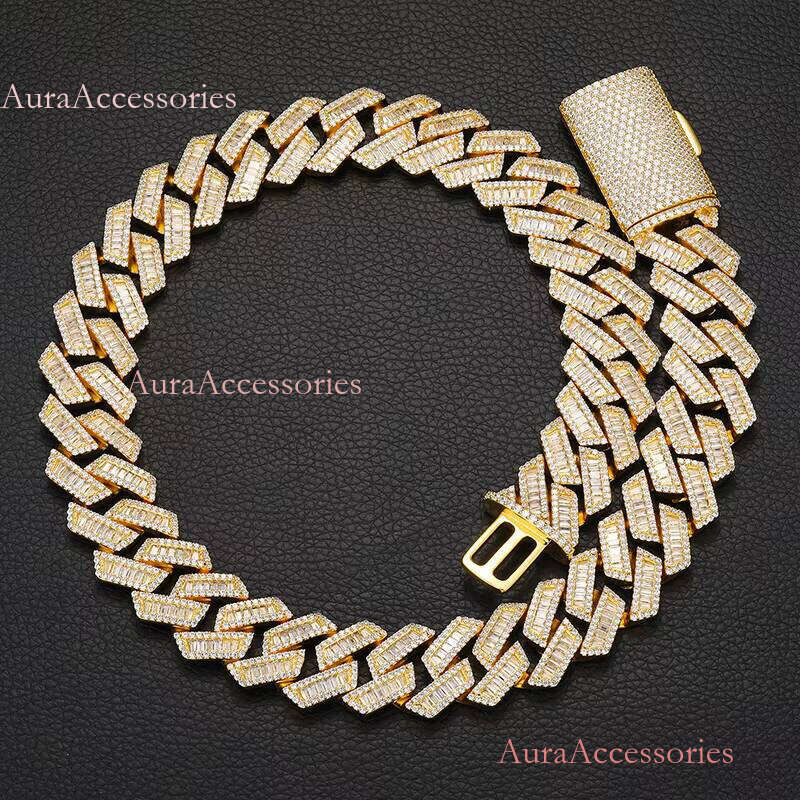 New Arrival Hip Hop Jewelry 20mm Gold Plated Brass Baguette AAAAA CZ Dia Iced Out Cuban Link Chain Necklace