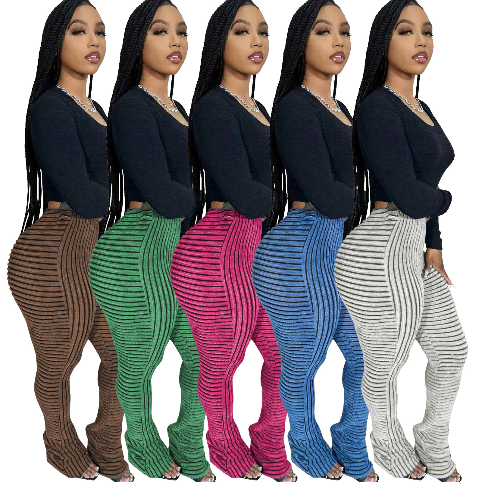 HR23101 Womens Fur Texture Breathable Large Elastic Fashion Casual Versatile Slim Fit Stacked Pants