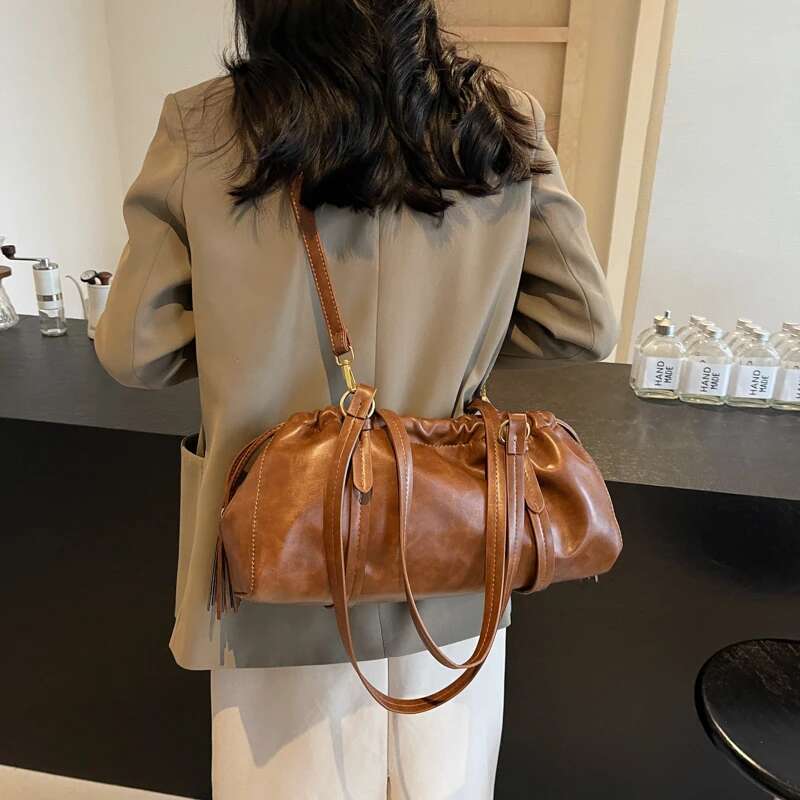 Womens Retro Vintage Tote Large Capacity PU Leather Boston Ruched Buckle Closure Hobo Bag Solid Color for Outdoor Travel
